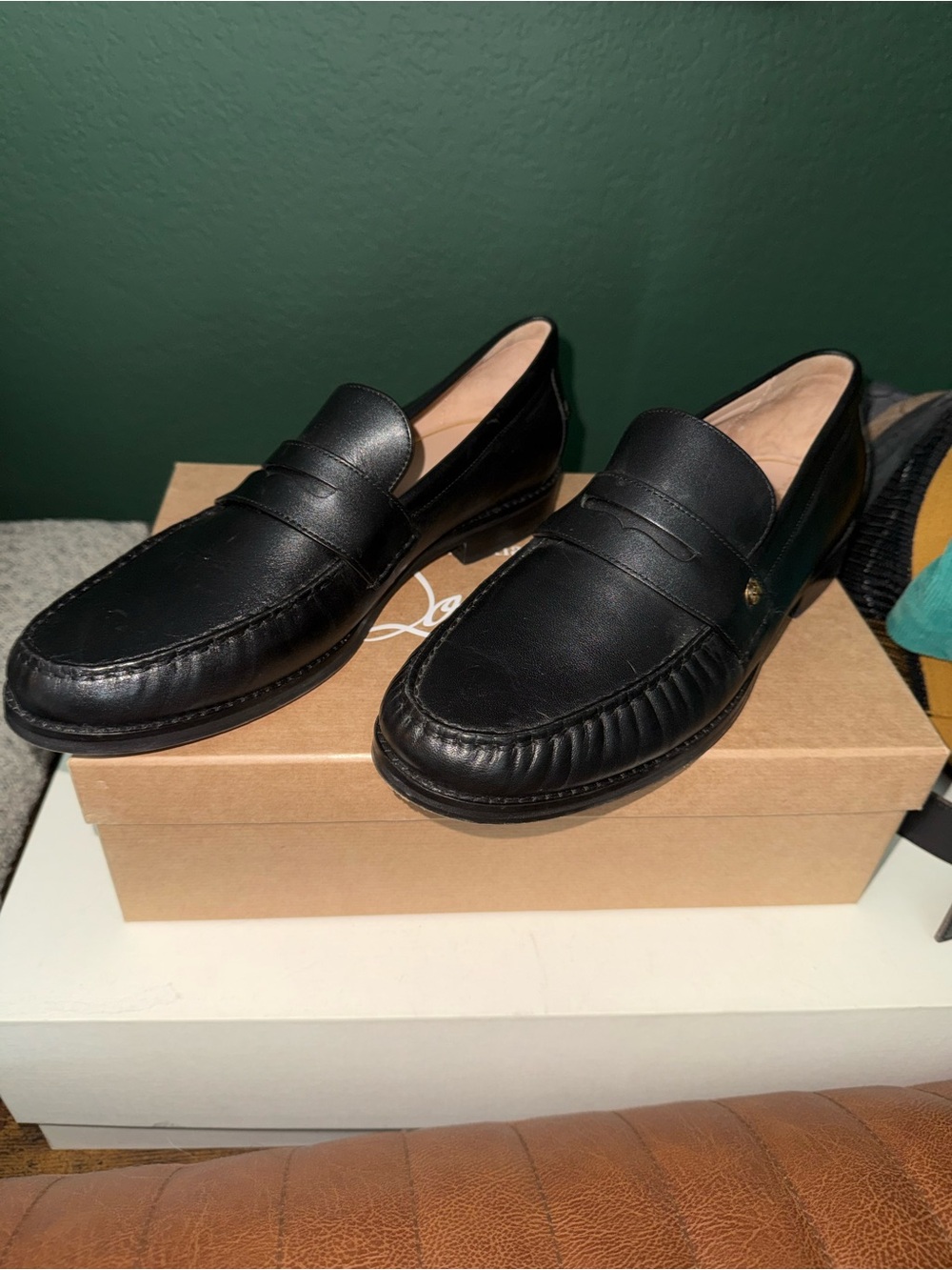 Cole Haan Black Leather Penny Loafers with Moc Toe